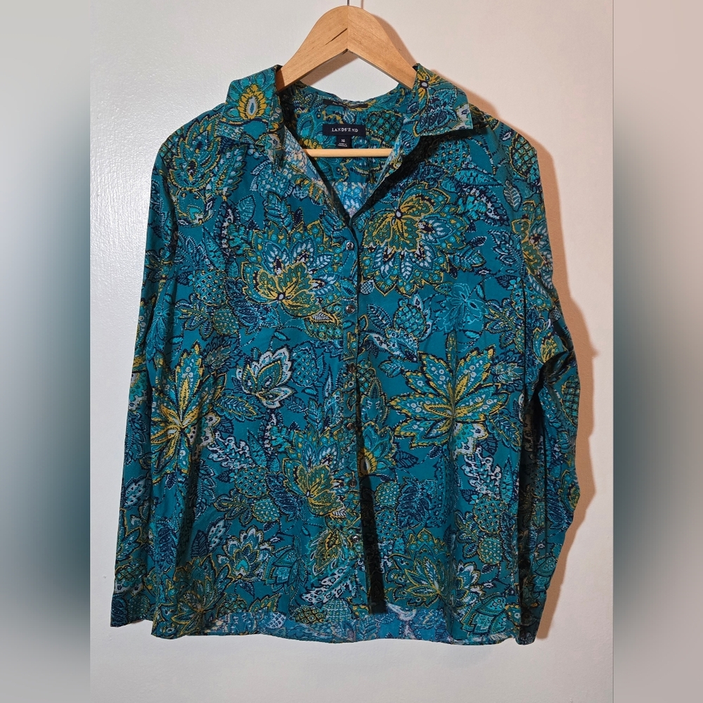 NWOT- Lands' End Teal and Yellow Patterned Shirt